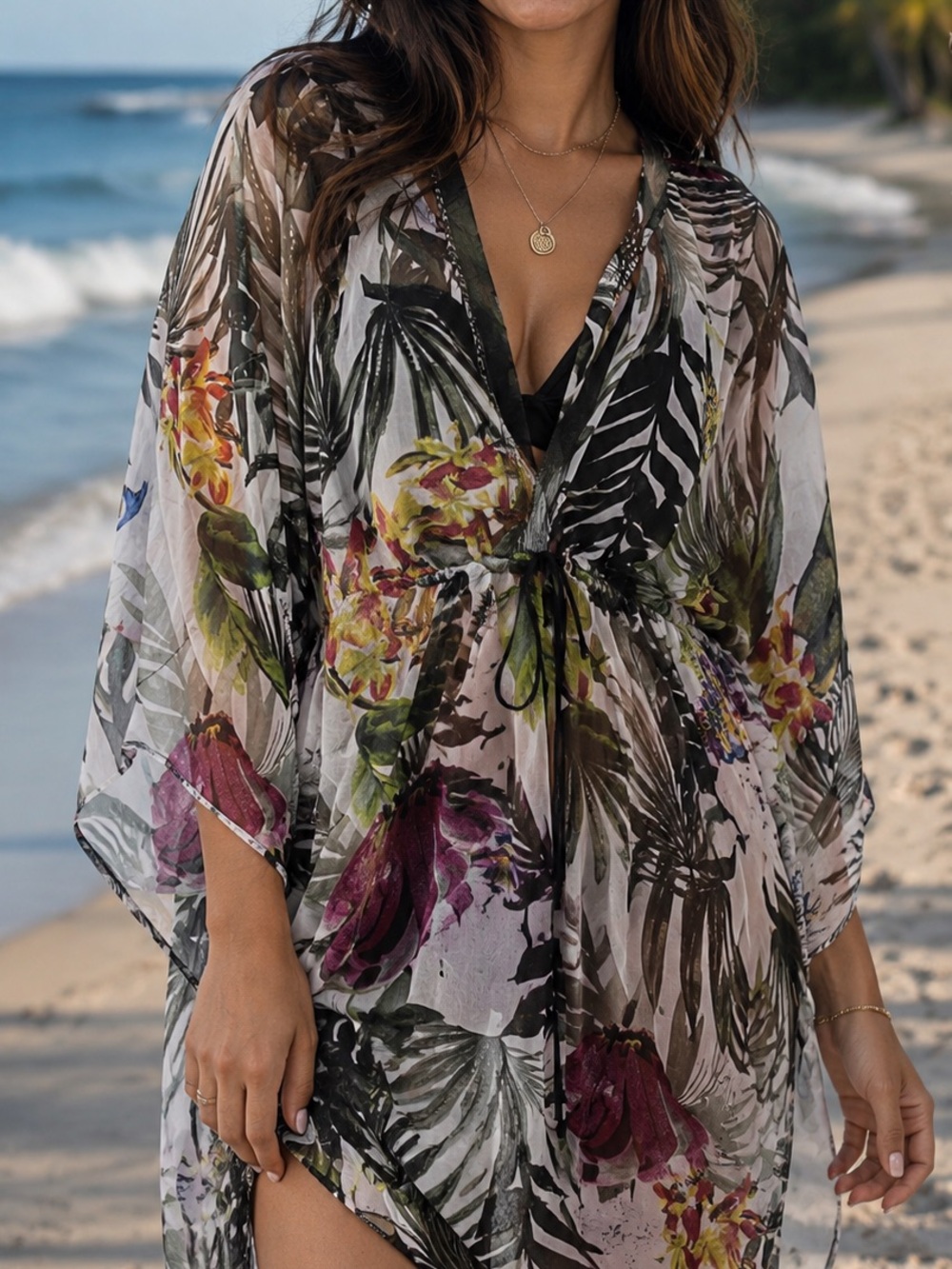Floral Palm Sheer Beach Cover-Up Tunic - Multi